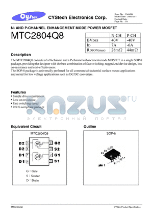 MTC2804Q8 datasheet - N- AND P-CHANNEL ENHANCEMENT MODE POWER MOSFET
