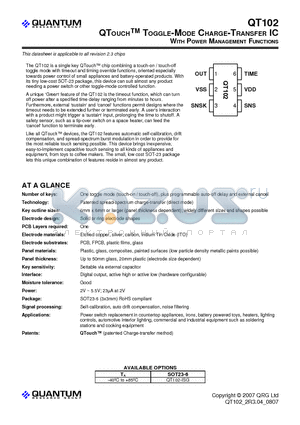 QT102 datasheet - QTOUCH TOGGLE-MODE CHARGE-TRANSFER IC WITH POWER MANAGEMENT FUNCTIONS