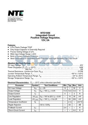NTE1936 datasheet - Integrated Circuit Positive Voltage Regulator, 12V, 2A
