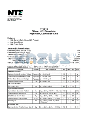 NTE316 datasheet - Silicon NPN Transistor High Gain, Low Noise Amp