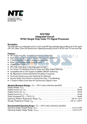 NTE7060 datasheet - Integrated Circuit NTSC Single Chip Color TV Signal Processor