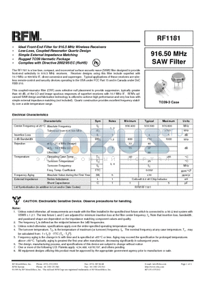 RF1181 datasheet - 916.50 MHz SAW Filter