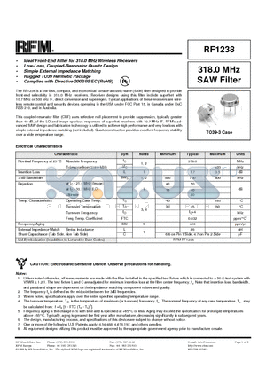 RF1238 datasheet - 318.0 MHz SAW Filter