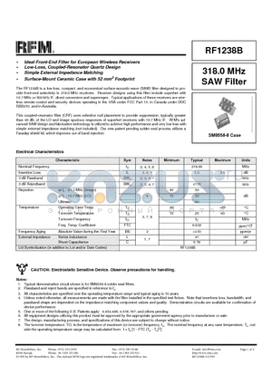 RF1238B datasheet - 318.0 MHz SAW Filter