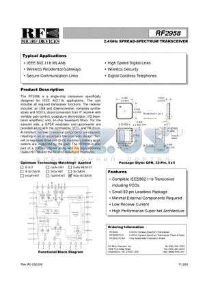 RF2958PCBA datasheet - 2.4GHz SPREAD-SPECTRUM TRANSCEIVER