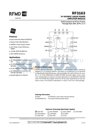 RF3163 datasheet - 3V 900MHZ LINEAR POWER AMPLIFIER MODULE