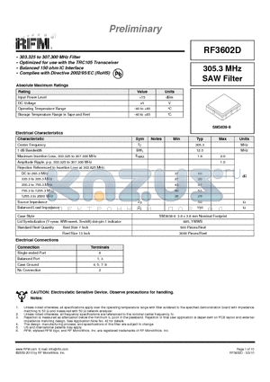 RF3602D datasheet - 305.3 MHz SAW Filter