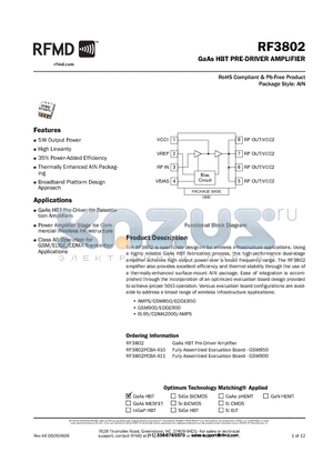 RF3802PCBA-411 datasheet - GaAs HBT PRE-DRIVER AMPLIFIER
