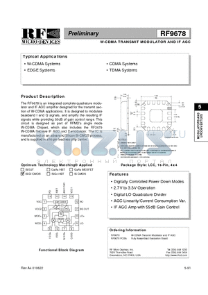 RF9678 datasheet - W-CDMA TRANSMIT MODULATOR AND IF AGC