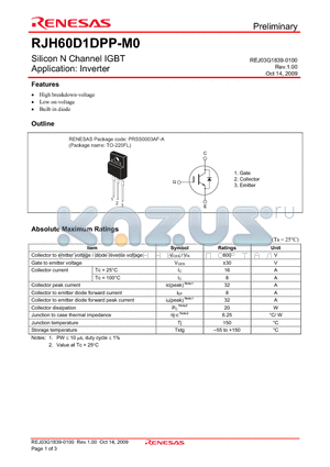 RJH60D1DPP-M0-T2 datasheet - Silicon N Channel IGBT Application: Inverter