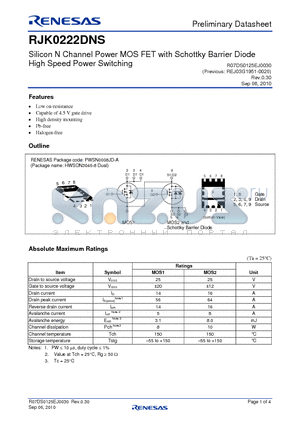 RJK0222DNS datasheet - Silicon N Channel Power MOS FET with Schottky Barrier Diode High Speed Power Switching