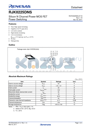 RJK0225DNS datasheet - Silicon N Channel Power MOS FET Power Switching