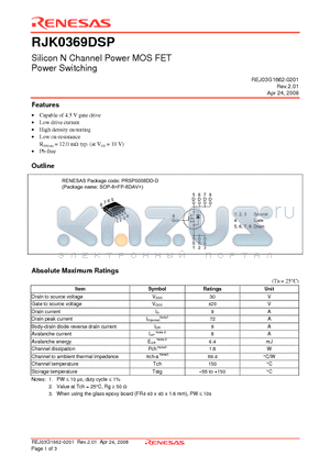 RJK0369DSP-00-J0 datasheet - Silicon N Channel Power MOS FET Power Switching
