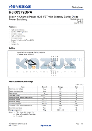 RJK0379DPA-00-J53 datasheet - Silicon N Channel Power MOS FET with Schottky Barrier Diode Power Switching