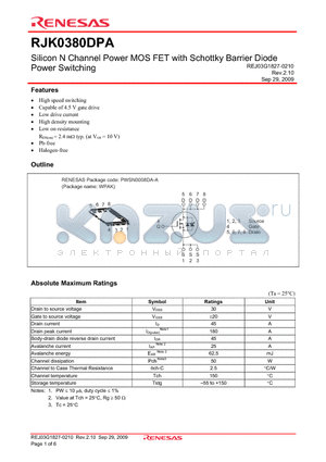RJK0380DPA datasheet - Silicon N Channel Power MOS FET with Schottky Barrier Diode Power Switching