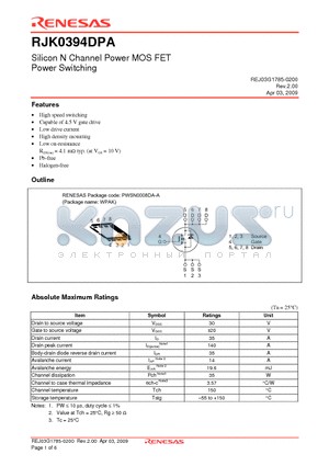 RJK0394DPA-00-J53 datasheet - Silicon N Channel Power MOS FET Power Switching