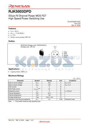 RJK5003DPD-00-J2 datasheet - Silicon N Channel Power MOS FET High Speed Power Switching Use