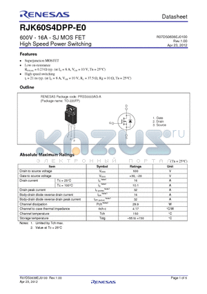 RJK60S4DPP-E0 datasheet - 600V - 16A - SJ MOS FET High Speed Power Switching