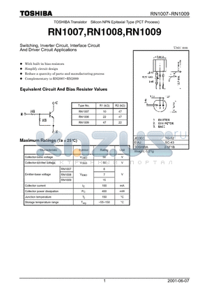 RN1009 datasheet - Switching, Inverter Circuit, Interface Circuit And Driver Circuit Applications