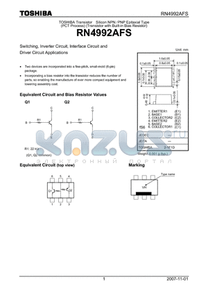 RN4992AFS datasheet - Switching, Inverter Circuit, Interface Circuit and Driver Circuit Applications