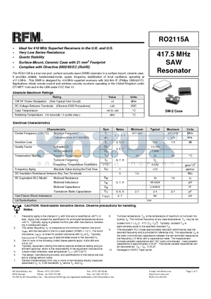 RO2115A datasheet - 417.5 MHz SAW Resonator