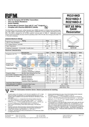 RO2166D-2 datasheet - 857.65 MHz SAW Resonator