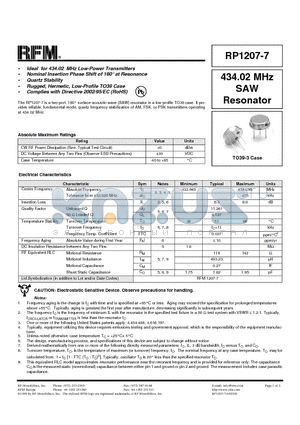 RP1207-7 datasheet - 434.02 MHz SAW Resonator
