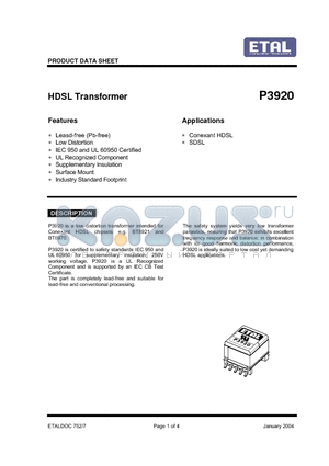 P3920 datasheet - HDSL Transformer