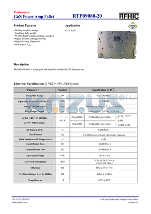 RTP09080-20 datasheet - This HPA Module is a high gain and Amplifier module for LTE Repeater use.