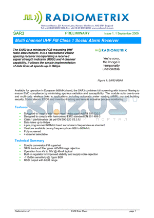 SAR3 datasheet - Multi channel UHF FM Class 1 Social Alarm Receiver