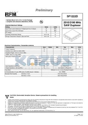 SF1222D datasheet - 2010/2190 MHz SAW Duplexer