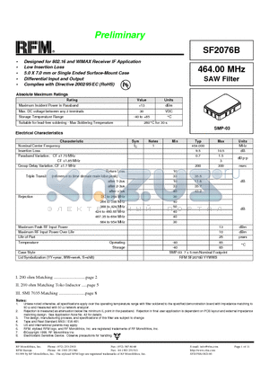 SF2076B datasheet - 464.00 MHz SAW Filter