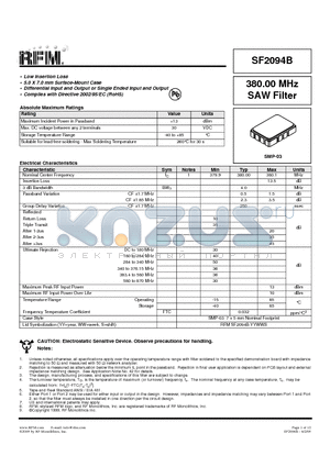 SF2094B datasheet - 380.00 MHz SAW Filter