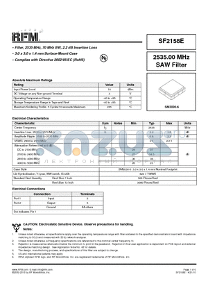 SF2158E datasheet - 2535.00 MHz SAW Filter