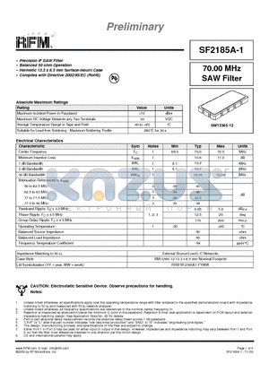 SF2185A-1 datasheet - Precision IF SAW Filter