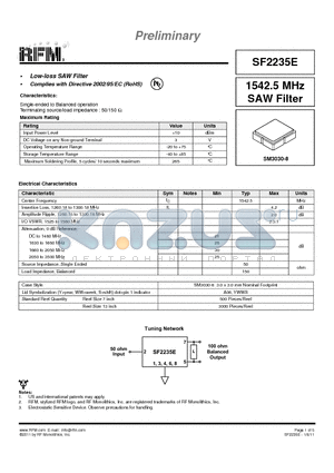 SF2235E datasheet - 1542.5 MHz SAW Filter