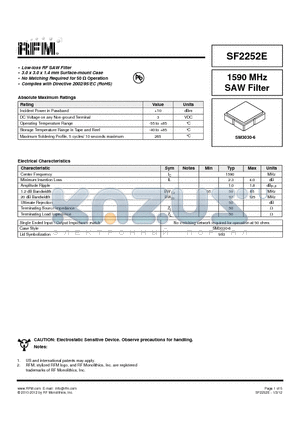 SF2252E datasheet - 1590 MHz SAW Filter