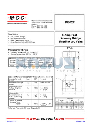 PB62F datasheet - 6 Amp Fast Recovery Bridge Rectifier 200 Volts