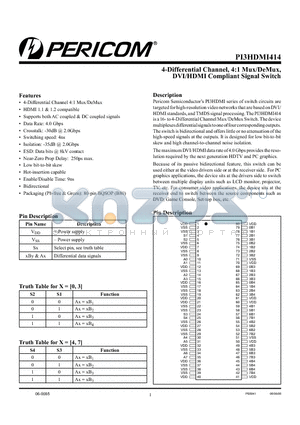 PI3HDMI414 datasheet - 4-Differential Channel, 4:1 Mux/DeMux, DVI/HDMI Compliant Signal Switch