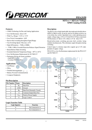 PI5A3159TX datasheet - SOTINYTM 1 Low-Voltage SPDT Analog Switch