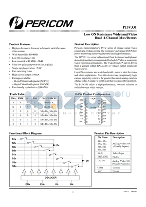 PI5V331 datasheet - Low ON Resistance Wideband/Video Dual 4-Channel Mux/Demux