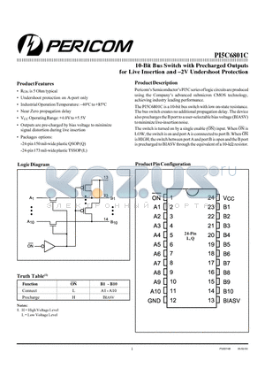 PI5C6801CQ datasheet - 10-Bit Bus Switch with Precharged Outputs for Live Insertion and - 2V Undershoot Protection