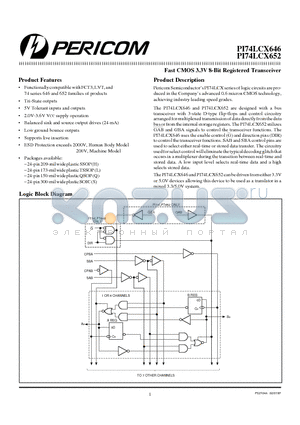 PI74LCX652 datasheet - Fast CMOS 3.3V 8-Bit Registered Transceiver