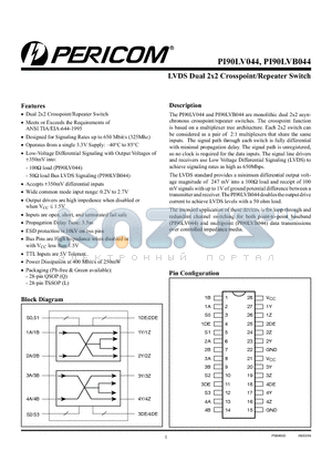 PI90LVB044QE datasheet - LVDS Dual 2x2 Crosspoint/Repeater Switch