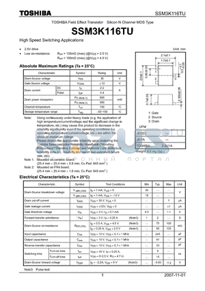 SSM3K116TU datasheet - Silicon N Channel MOS Type High Speed Switching Applications