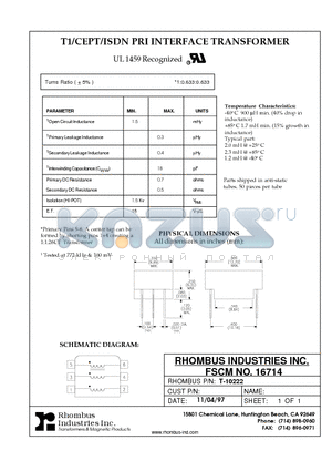 T-10222 datasheet - T1/CEPT/ISDN PRI INTERFACE TRANSFORMER