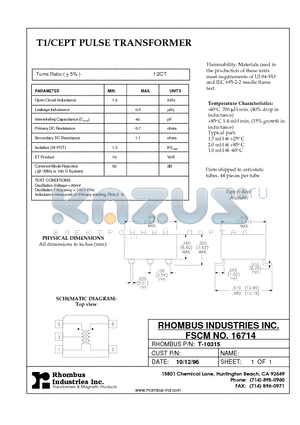 T-10315 datasheet - T1/CEPT PULSE TRANSFORMER