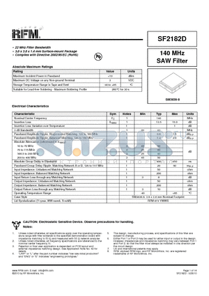 SF2182D datasheet - 140 MHz SAW Filter