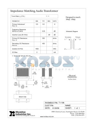 T-1196 datasheet - Impedance Matching Audio Transformer