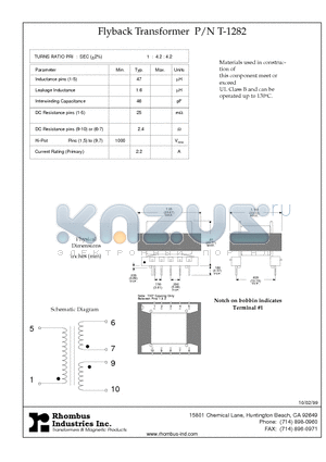 T-1282 datasheet - Flyback Transformer